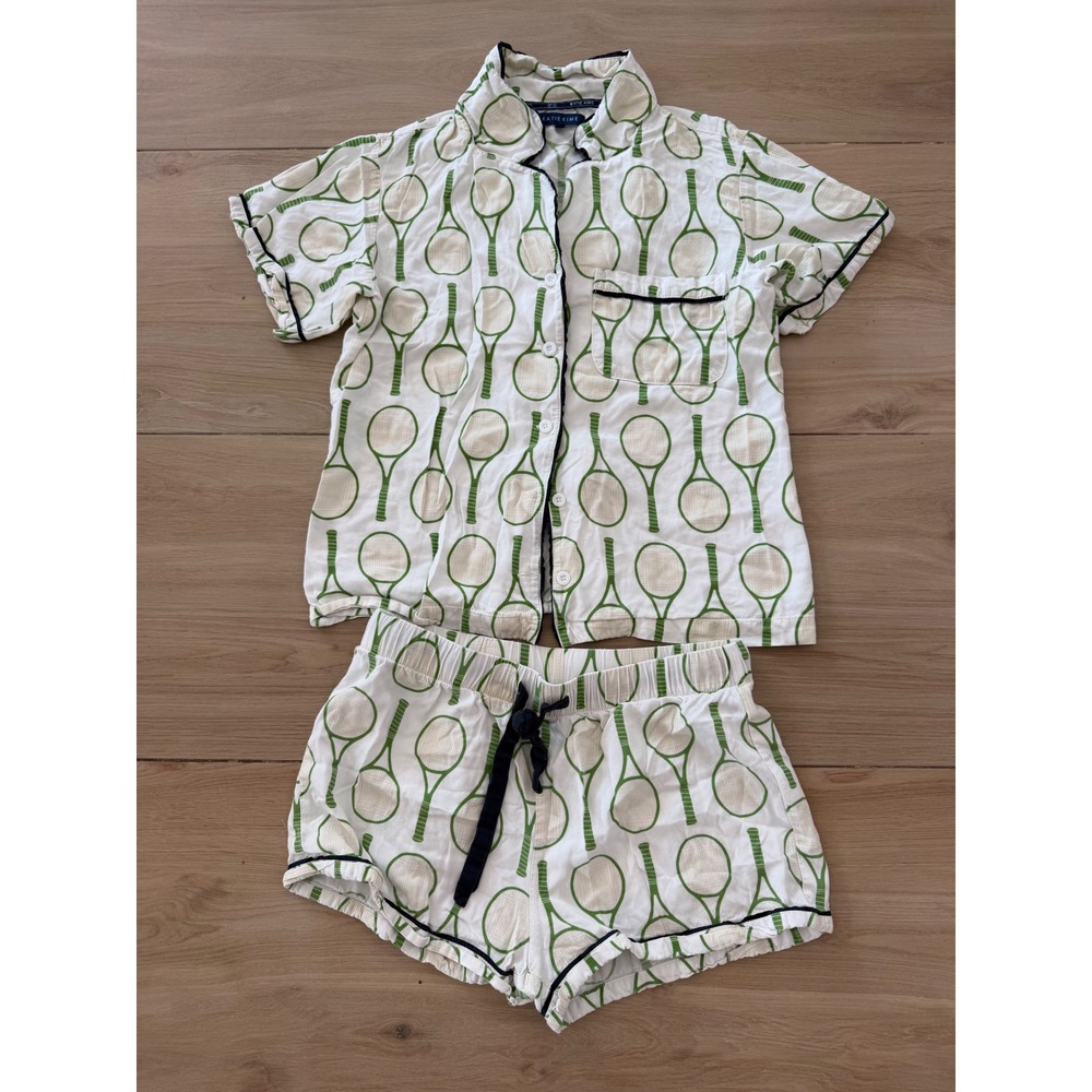 Katie Kime Tennis Racket Pajama Set White Green Navy Piping XXS Short Sleeve PJ